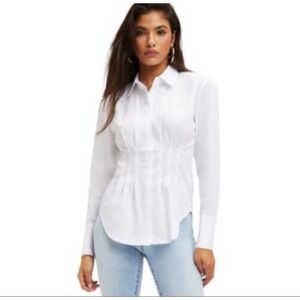 Good American Dart Button Up Blouse White Poplin Long Dolman Sleeves SZ S